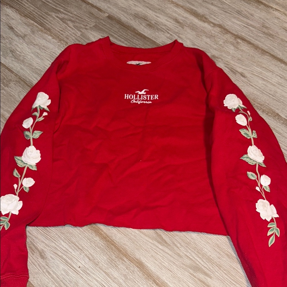 Hollister Red Crop Sweatshirt with Embellished Long Sleeves